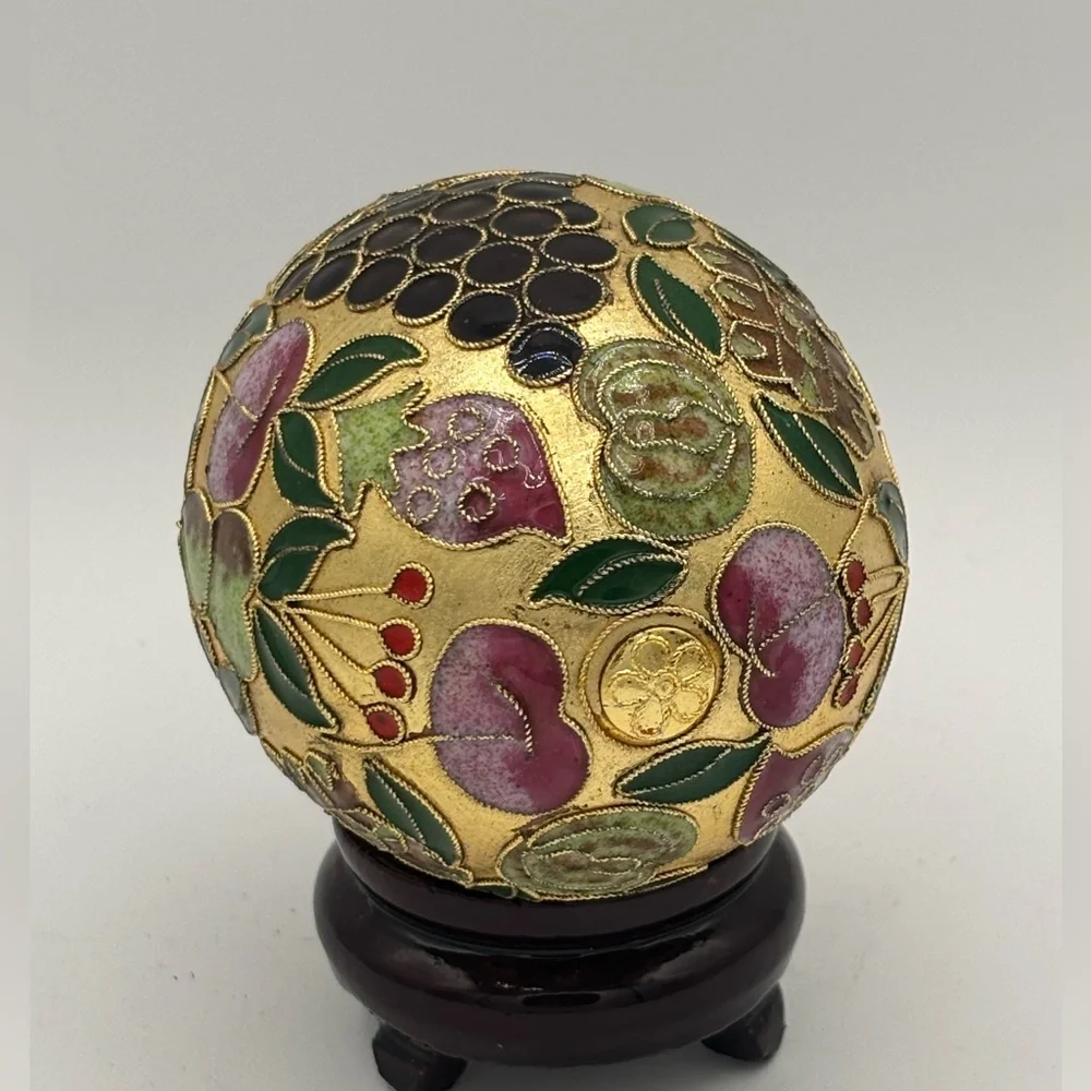 Chinese Enamel Cloisonne Egg With Stand Raised Fruit Design 4”x3”Vintage Gold